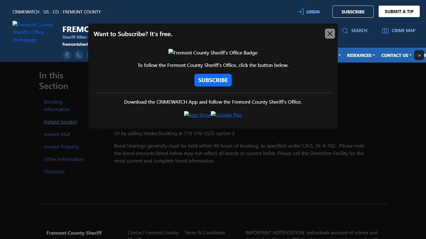 Inmate locator Fremont County Sheriff's Office